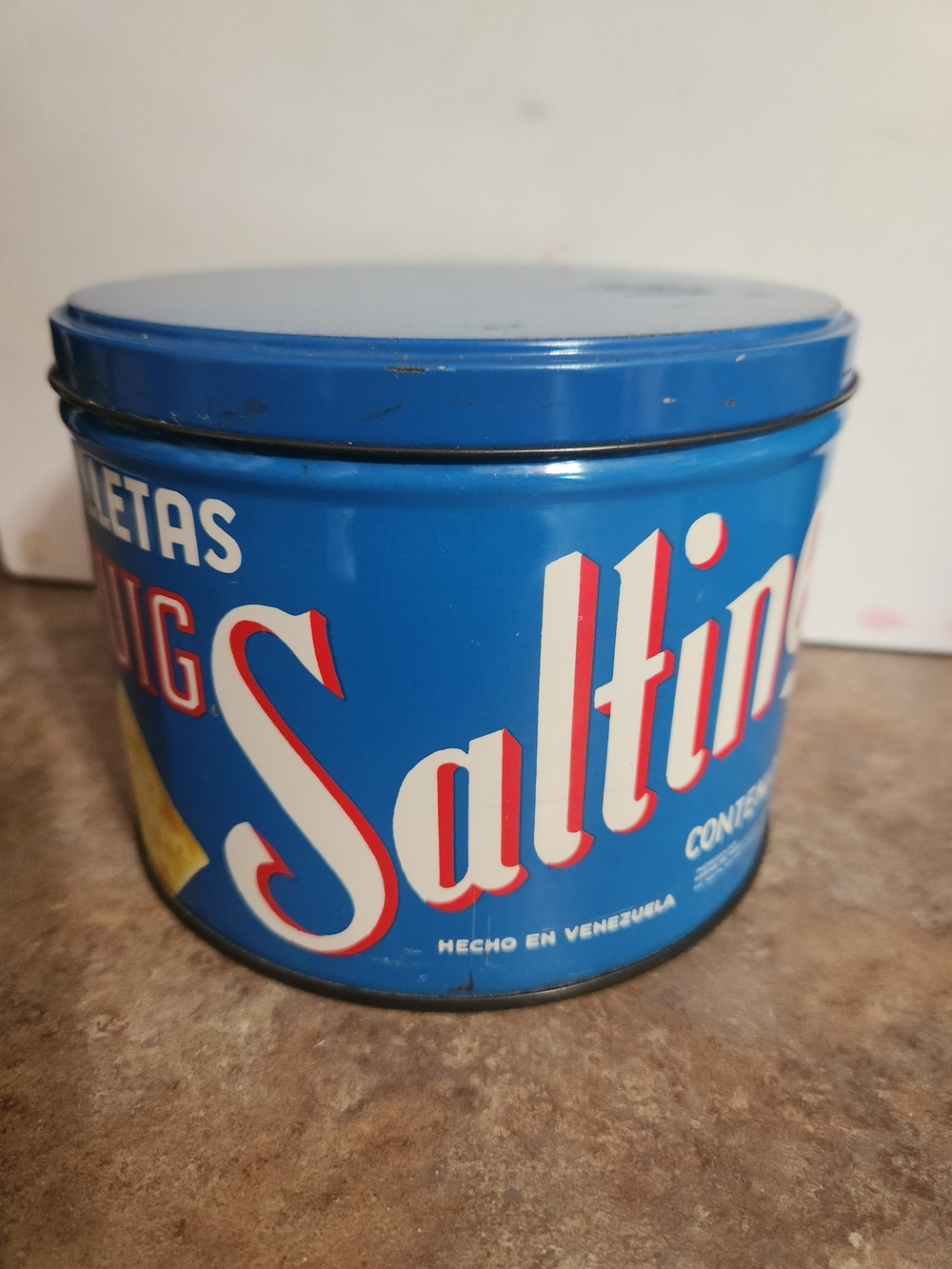 Vintage Collectible Saltín Brand Blue Metal Tin Litho Advertising Container Can